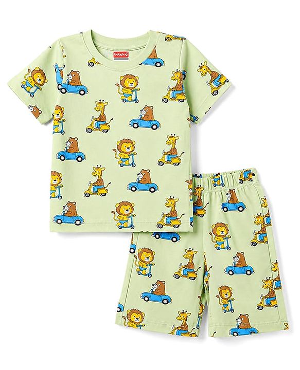 Babyhug 100% Cotton Knit Full Sleeves T-Shirt & Shorts Co-Ord Night Suit With Animal Print - Light Green