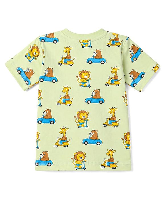 Babyhug 100% Cotton Knit Full Sleeves T-Shirt & Shorts Co-Ord Night Suit With Animal Print - Light Green