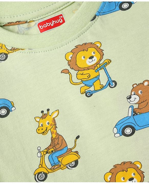 Babyhug 100% Cotton Knit Full Sleeves T-Shirt & Shorts Co-Ord Night Suit With Animal Print - Light Green