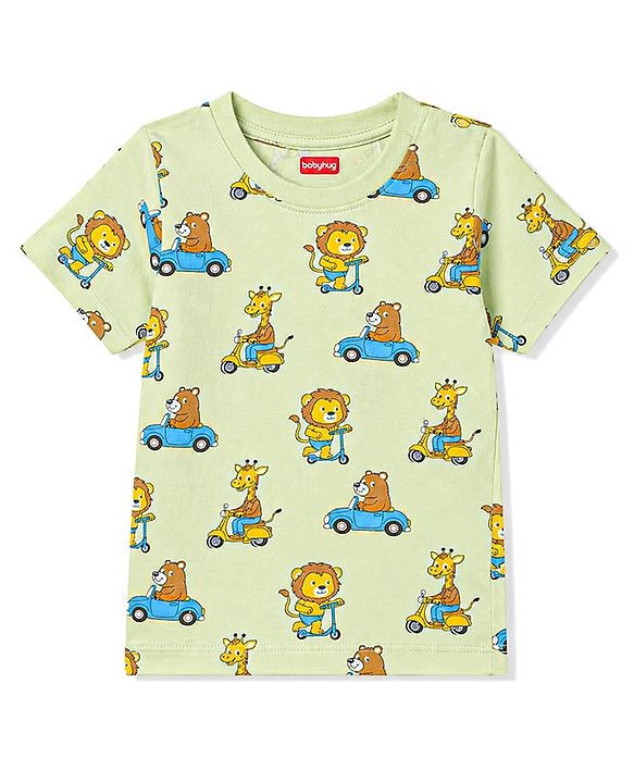 Babyhug 100% Cotton Knit Full Sleeves T-Shirt & Shorts Co-Ord Night Suit With Animal Print - Light Green