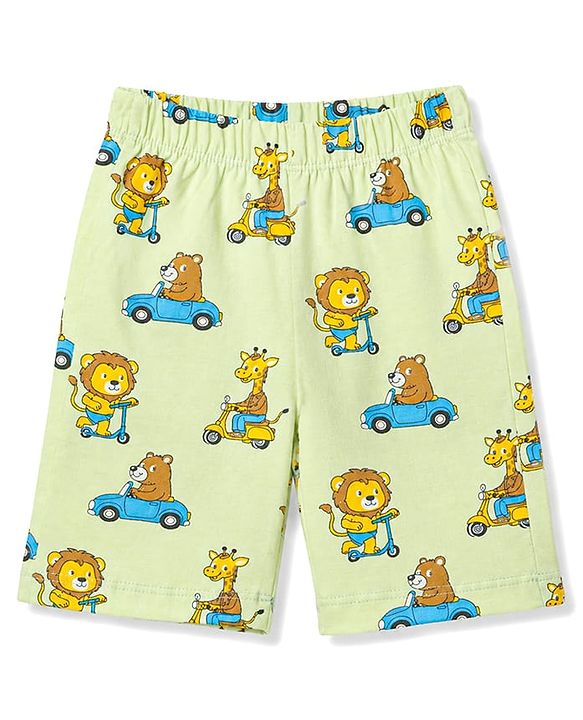 Babyhug 100% Cotton Knit Full Sleeves T-Shirt & Shorts Co-Ord Night Suit With Animal Print - Light Green
