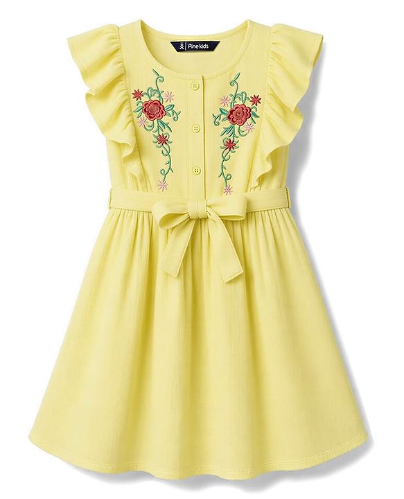 Pine Kids Woven Sleeveless Floral Embroidered Frock - Yellow