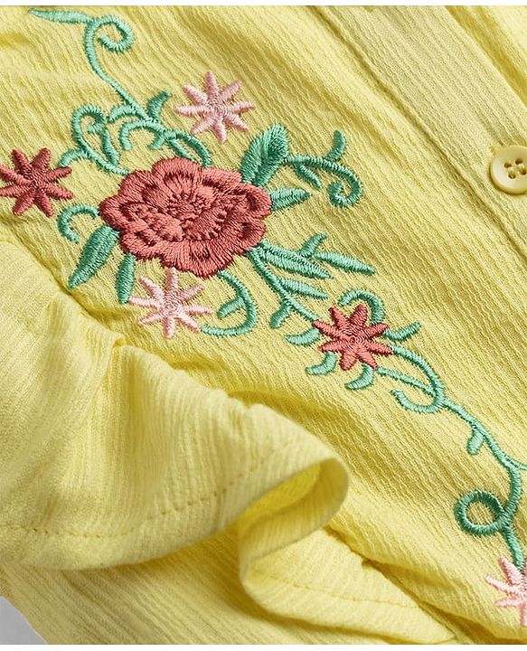 Pine Kids Woven Sleeveless Floral Embroidered Frock - Yellow