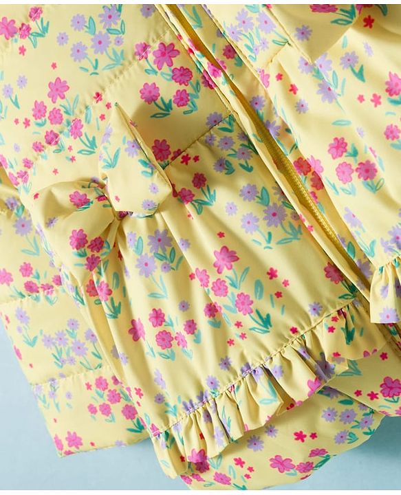 Babyhug Woven Full Sleeves Floral Printed Hoodie With Bow Applique - Yellow