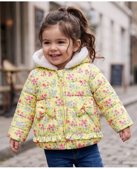 Babyhug Woven Full Sleeves Floral Printed Hoodie With Bow Applique - Yellow