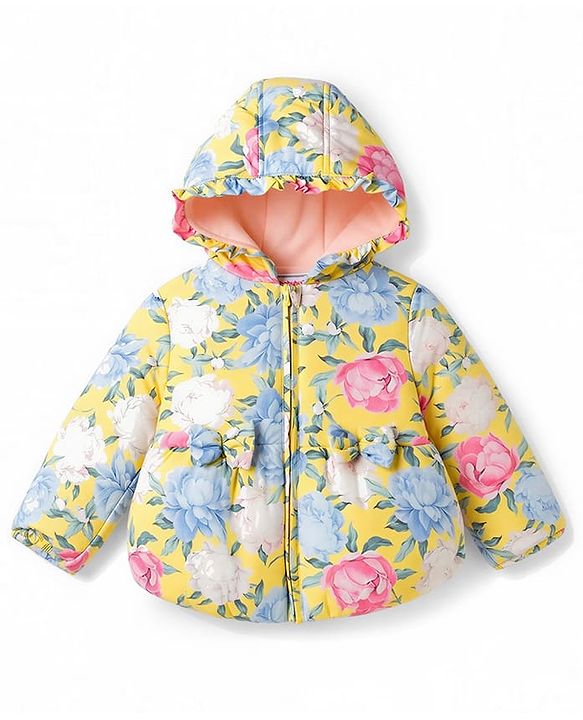 Babyhug Woven Hooded Padded Floral Printed Jacket with Bow - Pink