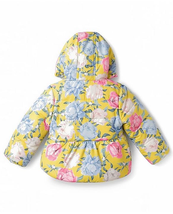 Babyhug Woven Hooded Padded Floral Printed Jacket with Bow - Pink