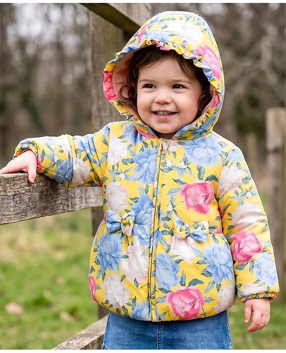 Babyhug Woven Hooded Padded Floral Printed Jacket with Bow - Pink