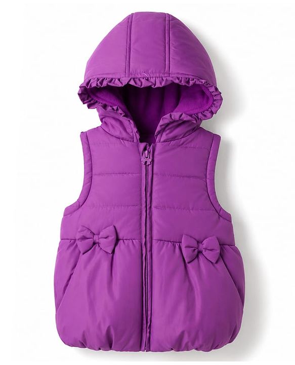 Babyhug Woven Sleeveless Solid  Hooded Padded Jacket with Frill & Bow - Purple