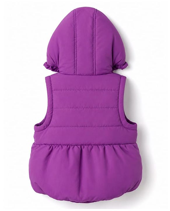 Babyhug Woven Sleeveless Solid  Hooded Padded Jacket with Frill & Bow - Purple