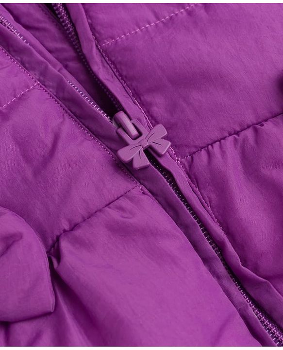 Babyhug Woven Sleeveless Solid  Hooded Padded Jacket with Frill & Bow - Purple