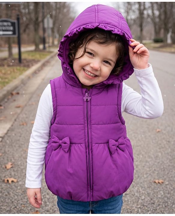Babyhug Woven Sleeveless Solid  Hooded Padded Jacket with Frill & Bow - Purple