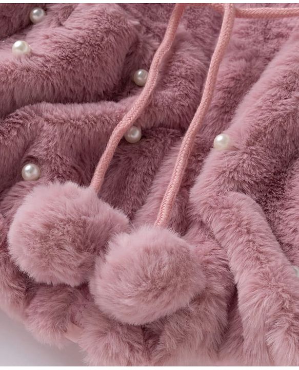 Babyhug Fur Woven Hoodie Jacket with Full Sleeves and Pearls Embellishment - Pink