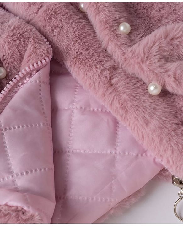 Babyhug Fur Woven Hoodie Jacket with Full Sleeves and Pearls Embellishment - Pink