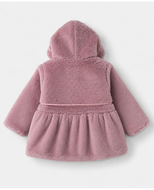 Babyhug Fur Woven Hoodie Jacket with Full Sleeves and Pearls Embellishment - Pink