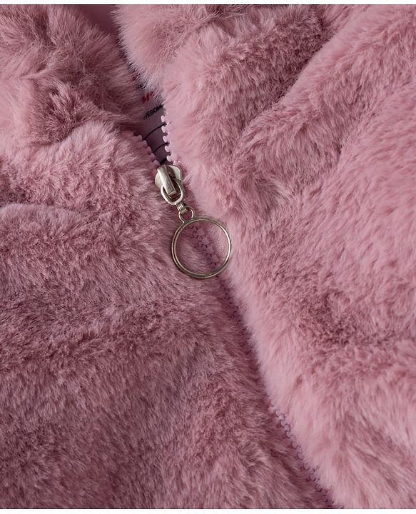 Babyhug Fur Woven Hoodie Jacket with Full Sleeves and Pearls Embellishment - Pink