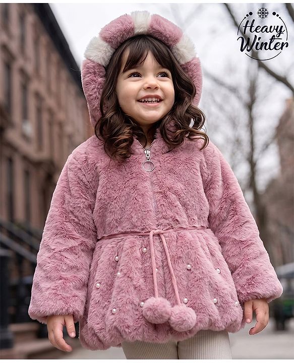 Babyhug Fur Woven Hoodie Jacket with Full Sleeves and Pearls Embellishment - Pink