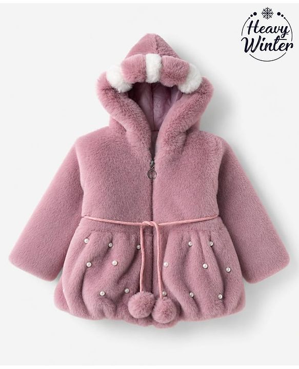 Babyhug Fur Woven Hoodie Jacket with Full Sleeves and Pearls Embellishment - Pink