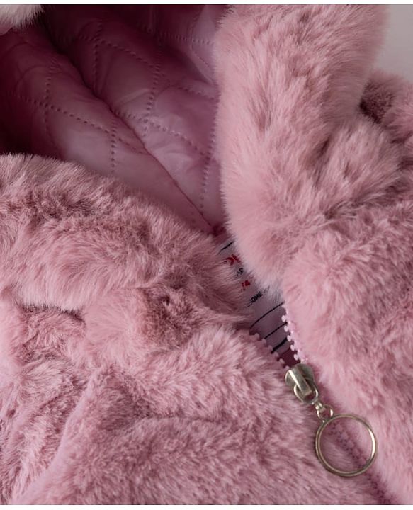 Babyhug Fur Woven Hoodie Jacket with Full Sleeves and Pearls Embellishment - Pink