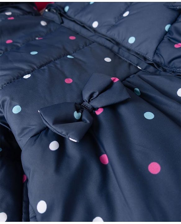 Babyhug Woven Full Sleeves Hooded Padded Winter Jacket With Polka Dots Print & Bow Applique - Navy Blue