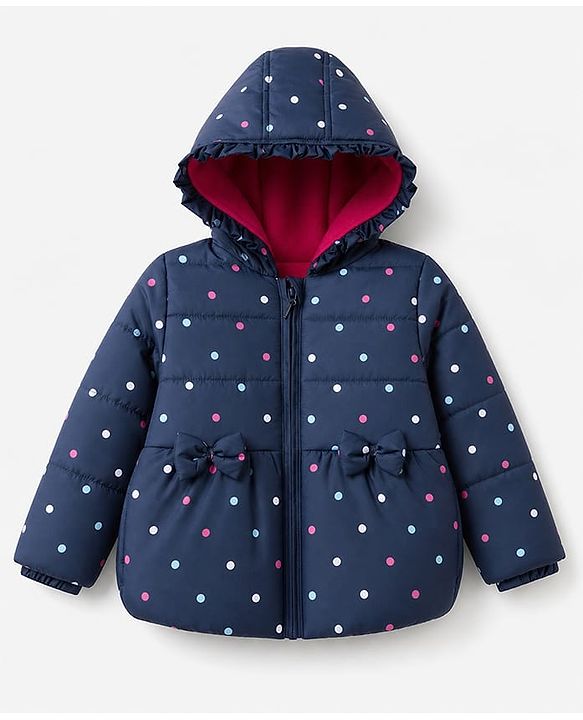 Babyhug Woven Full Sleeves Hooded Padded Winter Jacket With Polka Dots Print & Bow Applique - Navy Blue