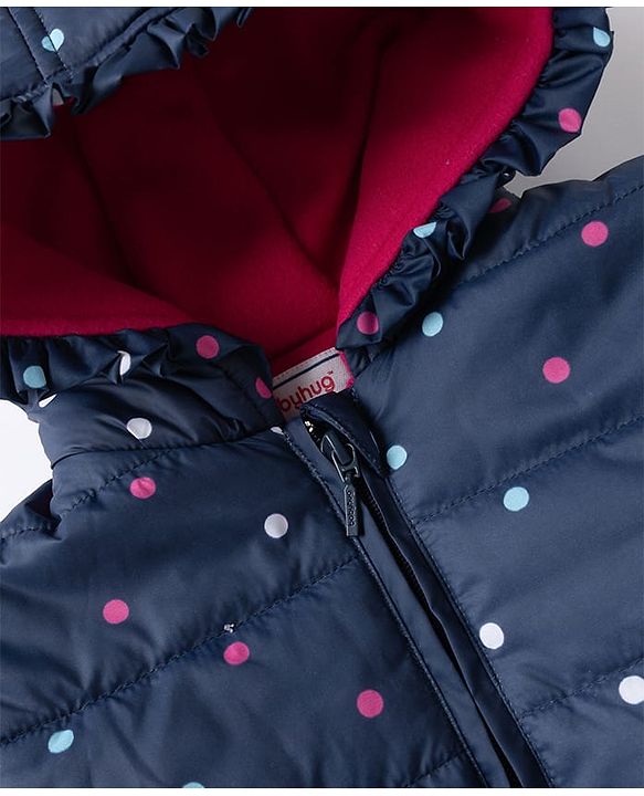 Babyhug Woven Full Sleeves Hooded Padded Winter Jacket With Polka Dots Print & Bow Applique - Navy Blue