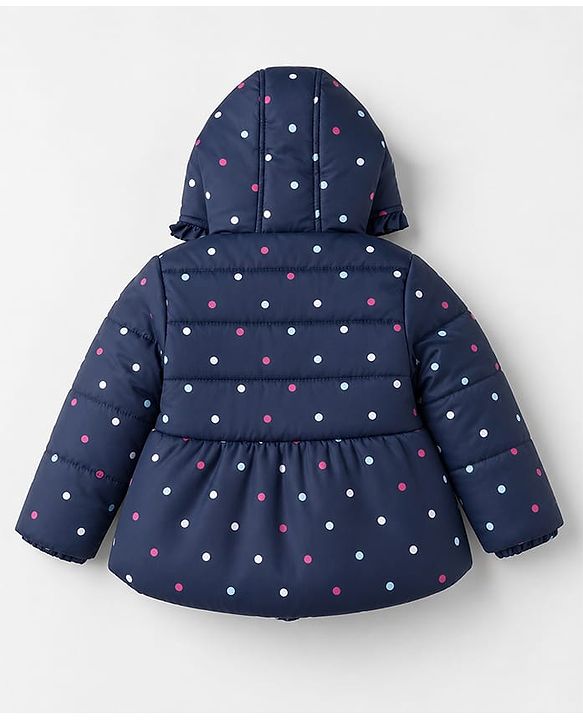 Babyhug Woven Full Sleeves Hooded Padded Winter Jacket With Polka Dots Print & Bow Applique - Navy Blue