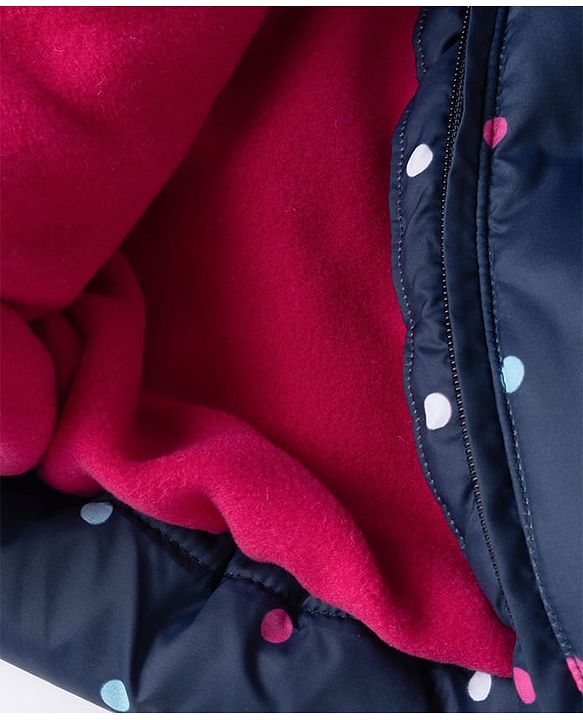 Babyhug Woven Full Sleeves Hooded Padded Winter Jacket With Polka Dots Print & Bow Applique - Navy Blue