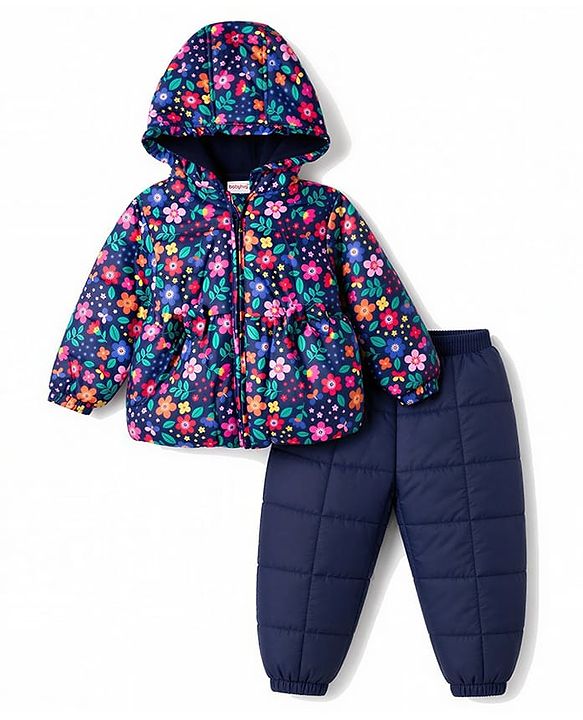 Babyhug Full Sleeves Winter Wear Suits With Floral Print- Navy Blue