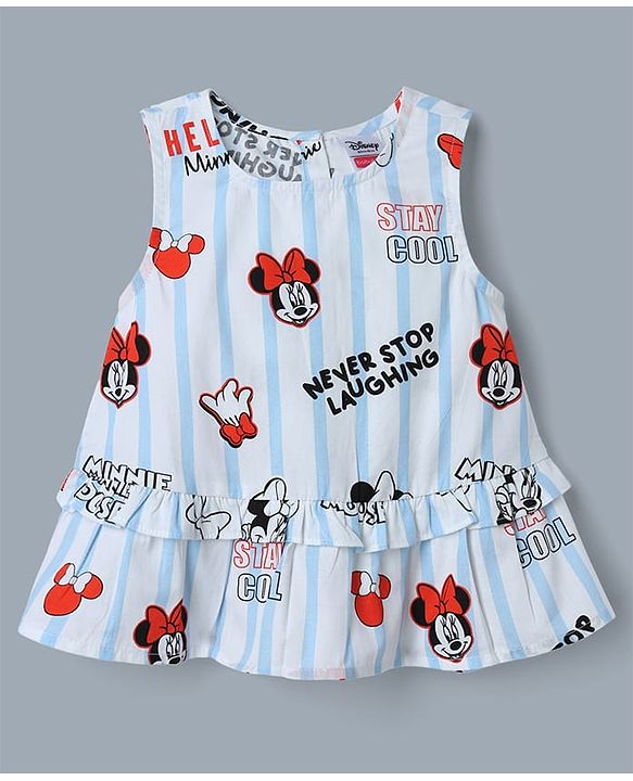 Babyhug Disney Cotton Woven Sleeveless Top and Shorts With Minnie Mouse Graphics - Light Blue & Red