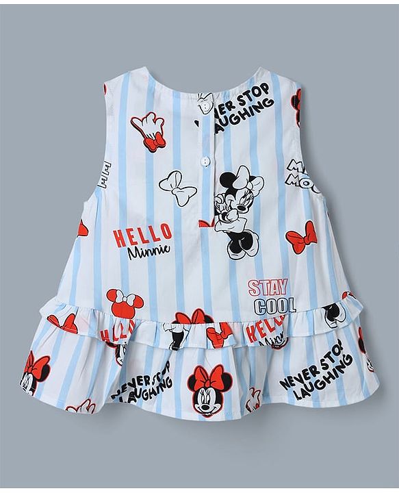 Babyhug Disney Cotton Woven Sleeveless Top and Shorts With Minnie Mouse Graphics - Light Blue & Red