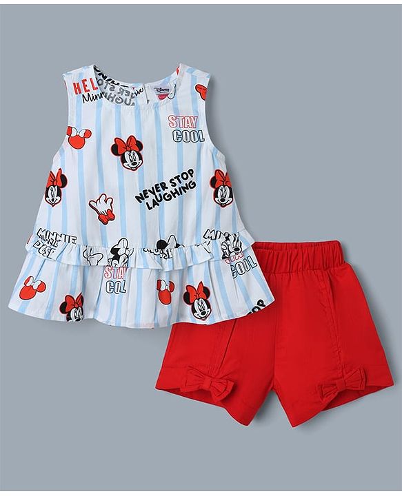 Babyhug Disney Cotton Woven Sleeveless Top and Shorts With Minnie Mouse Graphics - Light Blue & Red