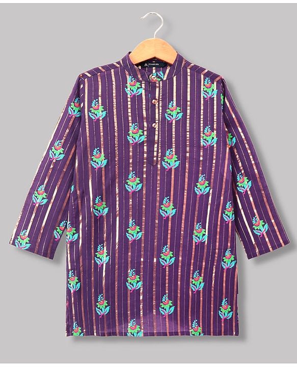 Pine Kids Woven Full Sleeves Kurta and Pyjama Set with Floral Print in Purple
