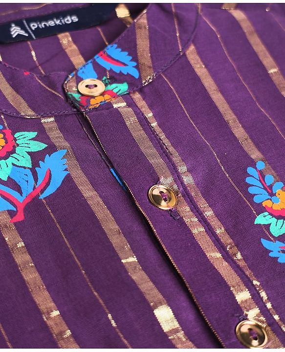 Pine Kids Woven Full Sleeves Kurta and Pyjama Set with Floral Print in Purple