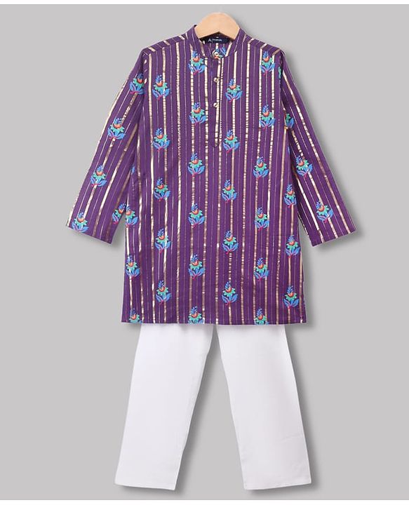 Pine Kids Woven Full Sleeves Kurta and Pyjama Set with Floral Print in Purple