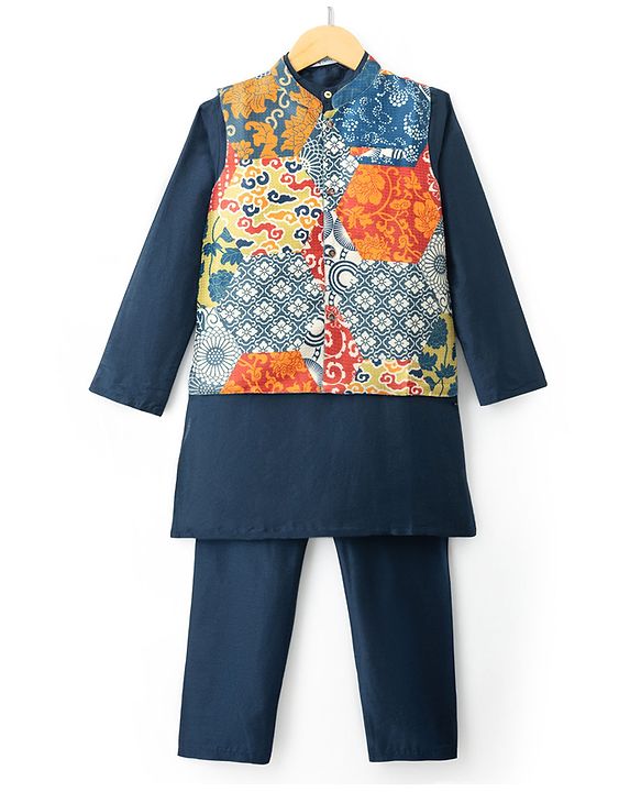 Pine Kids Woven Full Sleeves Solid Colour Kurta Pajama Set with Floral Printed Nehru Jacket - Navy Blue