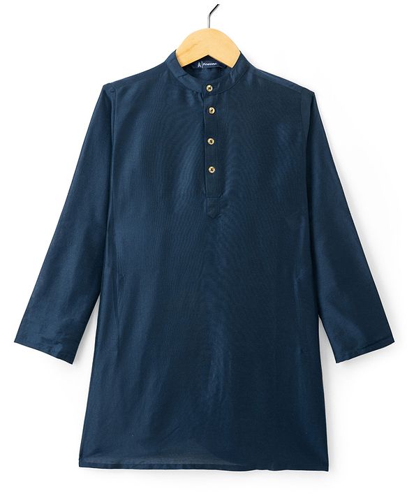 Pine Kids Woven Full Sleeves Solid Colour Kurta Pajama Set with Floral Printed Nehru Jacket - Navy Blue