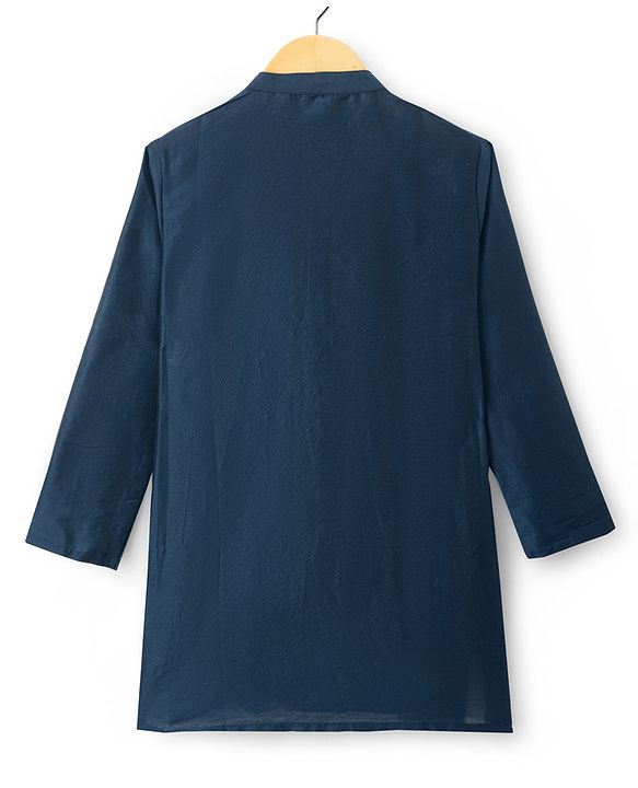 Pine Kids Woven Full Sleeves Solid Colour Kurta Pajama Set with Floral Printed Nehru Jacket - Navy Blue