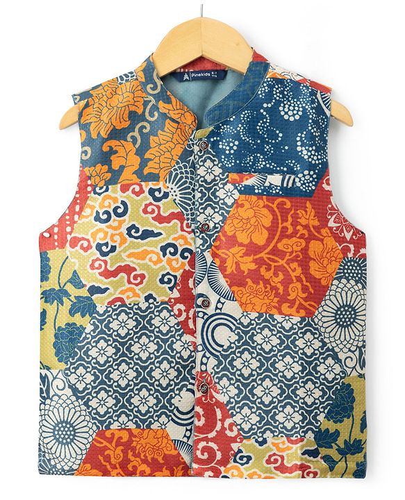 Pine Kids Woven Full Sleeves Solid Colour Kurta Pajama Set with Floral Printed Nehru Jacket - Navy Blue