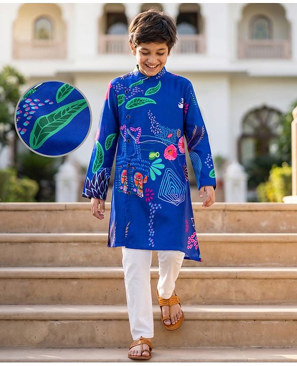 Pine Kids Woven Full Sleeves Floral Printed Kurta Pyjama Set - Blue