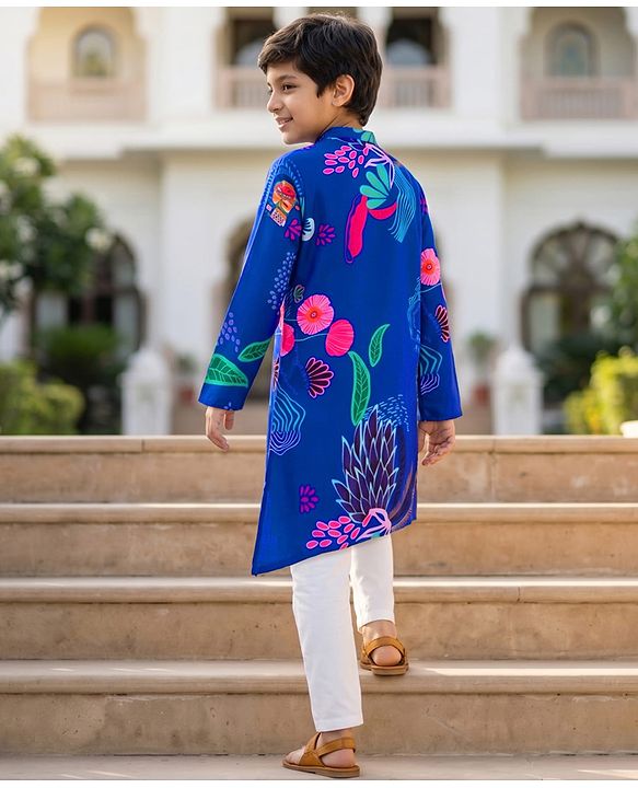 Pine Kids Woven Full Sleeves Floral Printed Kurta Pyjama Set - Blue