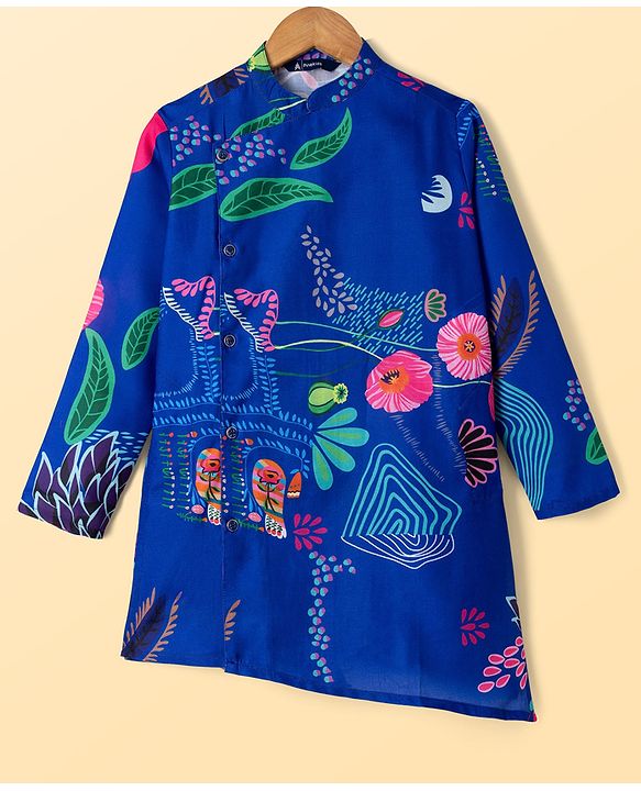 Pine Kids Woven Full Sleeves Floral Printed Kurta Pyjama Set - Blue