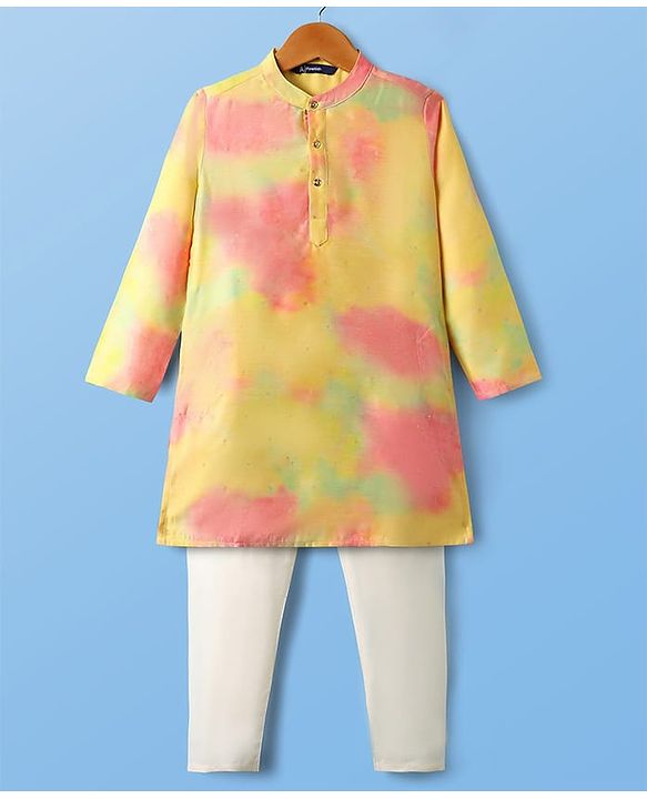 Pine Kids Woven Full Sleeves Tie-Dye Stone Embellished Kurta & Pyjama Set - Yellow