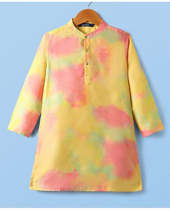 Pine Kids Woven Full Sleeves Tie-Dye Stone Embellished Kurta & Pyjama Set - Yellow
