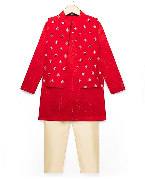Pine Kids Woven Full Sleeves Solid Colour Kurta Pajama Set with Floral Embroidered Nehru Jacket - Red