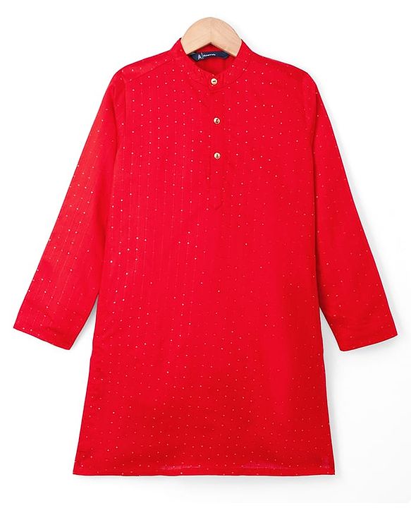 Pine Kids Woven Full Sleeves Solid Colour Kurta Pajama Set with Floral Embroidered Nehru Jacket - Red