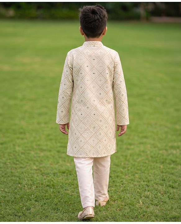 Pine Kids Woven Kurta and Pyjama with Full Sleeves, Diamond Grid Embroidery and Sequins in White for 4-5 Years