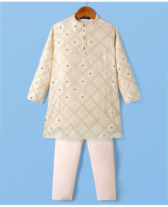 Pine Kids Woven Kurta and Pyjama with Full Sleeves, Diamond Grid Embroidery and Sequins in White for 4-5 Years