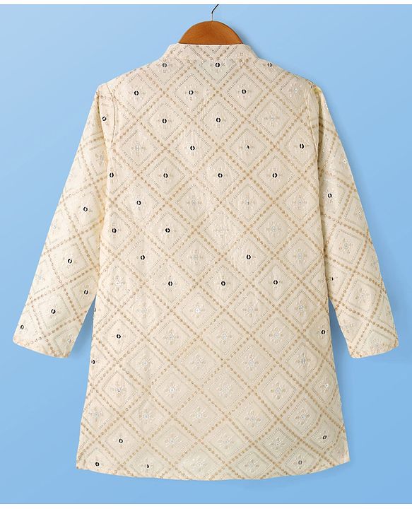 Pine Kids Woven Kurta and Pyjama with Full Sleeves, Diamond Grid Embroidery and Sequins in White for 4-5 Years