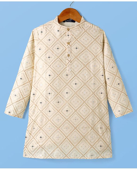 Pine Kids Woven Kurta and Pyjama with Full Sleeves, Diamond Grid Embroidery and Sequins in White for 4-5 Years